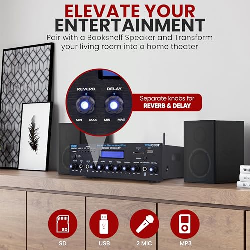 Pyle Wireless BT Stereo Amplifier - Multi Channel, 200 Watt Power, Home Audio Receiver System with FM Radio, BT, USB SD, AUX, RCA, Mic-in, BT and FM Antenna - Thumbnail 4
