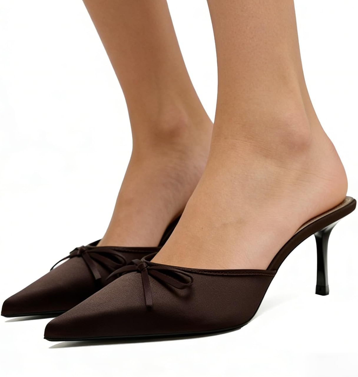 UFEDO Kitten Heel Bow Mules for Women Slip On Mules Backless Low Heel Pumps