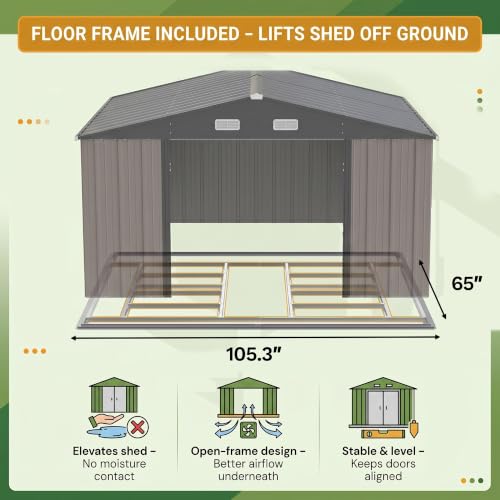 Image of Devoko 10x8 FT Outdoor Storage Shed with Floor Frame, Metal Tool Shed for Garden Backyard Patio(Brown)