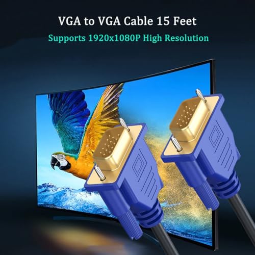 Image of VGA Cable 15FT, VGA Cord 15 Foot VGA Computer Monitor Cable HD15 1080P for PC Laptop TV Projector Monitor
