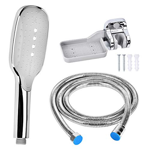 Cozywind Alcachofa de Ducha, Alta Presión Cabezal de Ducha de Mano Set, Modo Sray, con Manguera Acero Inoxidable 150cm, Soporte Ducha (SET1(con jabonera))