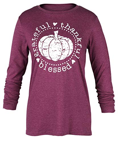 VILOVE Grateful Thankful Blessed Thanksgiving Shirt for Women Pumpkin Graphic Top Long Sleeve Letter Print Casual T-Shirt (Medium, Red)
