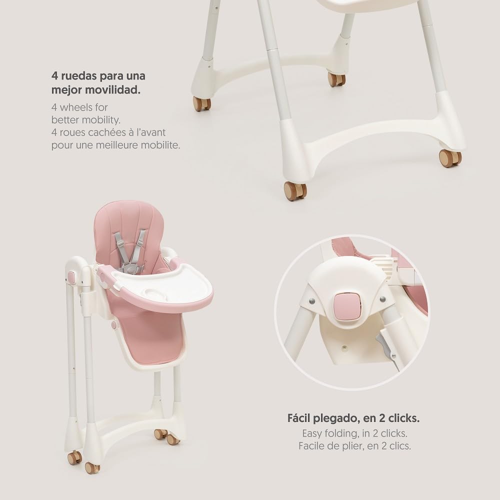 Interbaby Trona Bebé Evolutiva Plegable 6-36 Meses Aluminio (Practic Rosa) | Hasta 20 kg. Silla de comer portátil, respaldo 4 posiciones, 8 alturas, bandeja regulable, arnés 5 puntos, plegado compacto