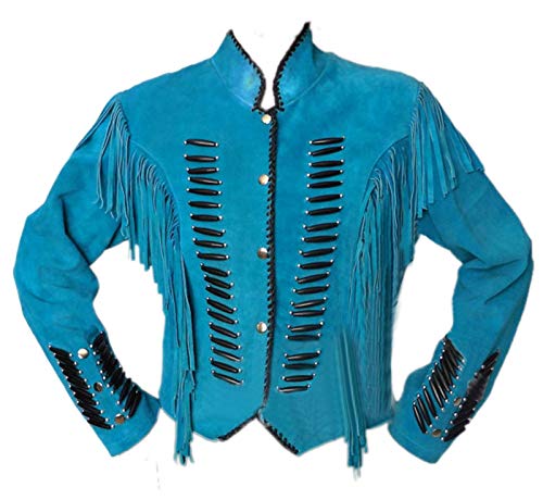 LEATHERAY Women Western Style Fringe Leather Jacket Turquoise, Excellent Quality, Xs-5xl