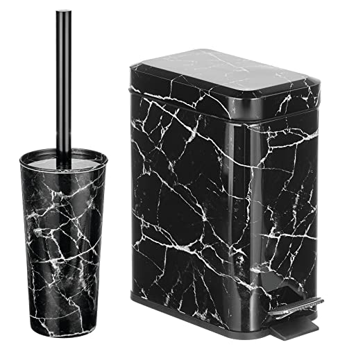 mDesign Metal Freestanding Slim Toilet Bowl Brush and Holder + Rectangle Narrow 1.3 Gallon Step Pedal Trash Can Wastebasket for Bathroom Storage - Small, Compact Design - Set of 2 - Black Marble