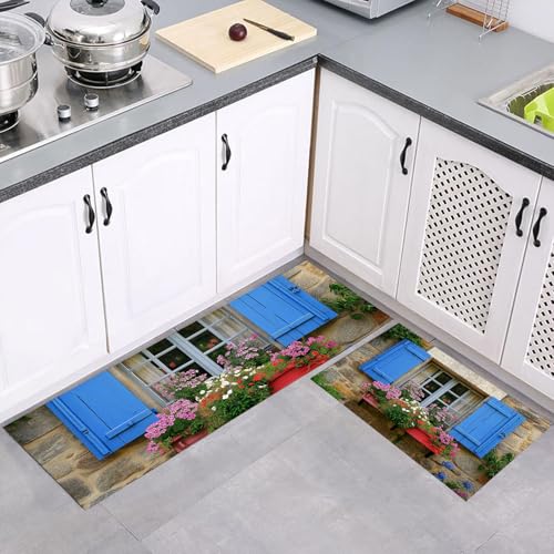 Materiale in Velluto di Cristallo di Alta Qualità - Il nostro tappeto da cucina impermeabile è realizzato in velluto di cristallo di alta qualità, ecologico, resistente ai graffi e all'usura. La sua texture fine e morbida rende i piedi comodi, così non ti sentirai stanco anche stando in piedi a lungo. La confezione contiene 2 tappeti decorativi da cucina.