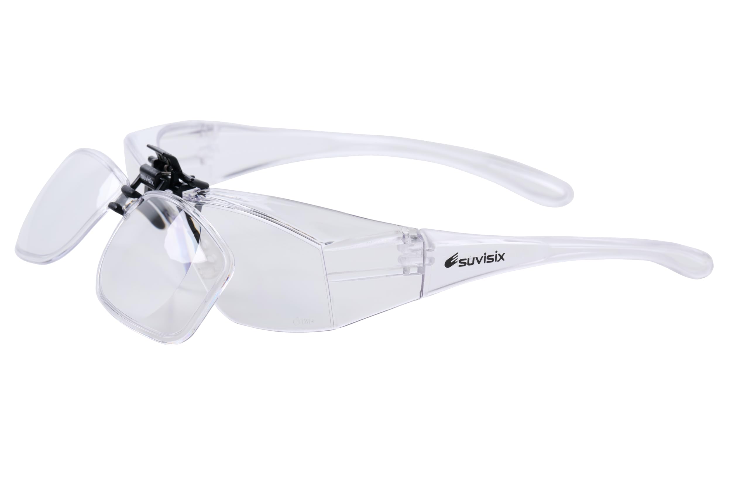 FlipFocus - Gafas de seguridad + 2.00 dioptrías, juego de 3 piezas, incluye gafas de seguridad, lente transparente con clip y lente de bloqueo de luz azul con clip.