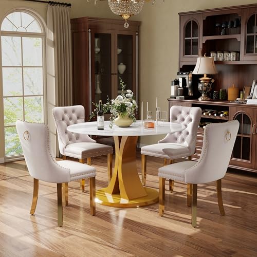 Image of 5-Piece Dining Table Set with 39In Faux Marble Table and 4 Velvet Upholstered Chairs, Modern Scandinavian Furniture for Dining Room Kitchen(Beige&Gold)