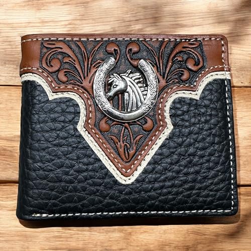 Men’s Short Leather Wallet – Tooled Inlay with Horseshoe and Horse Concho – Western Cowboy Bifold Wallet for Ranchers, Rodeo Riders & Horse Lovers2