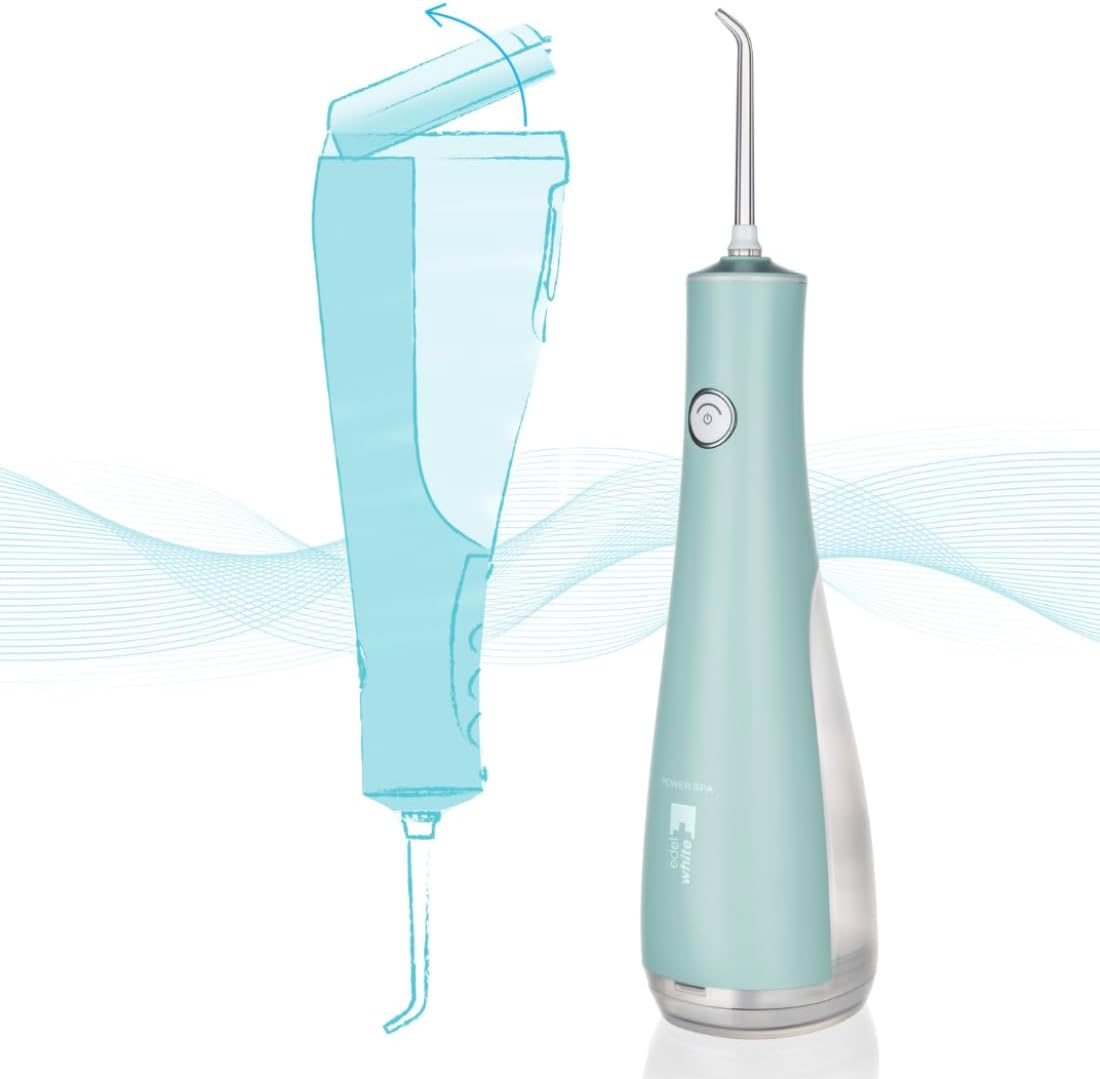 edel+white Power Spa Flosserpik — Cordless Water Flosser & Compact Oral Irrigator, Waterproof Portable Water Pick for Teeth, USB Rechargeable with 4 Tips, Tongue Cleaner