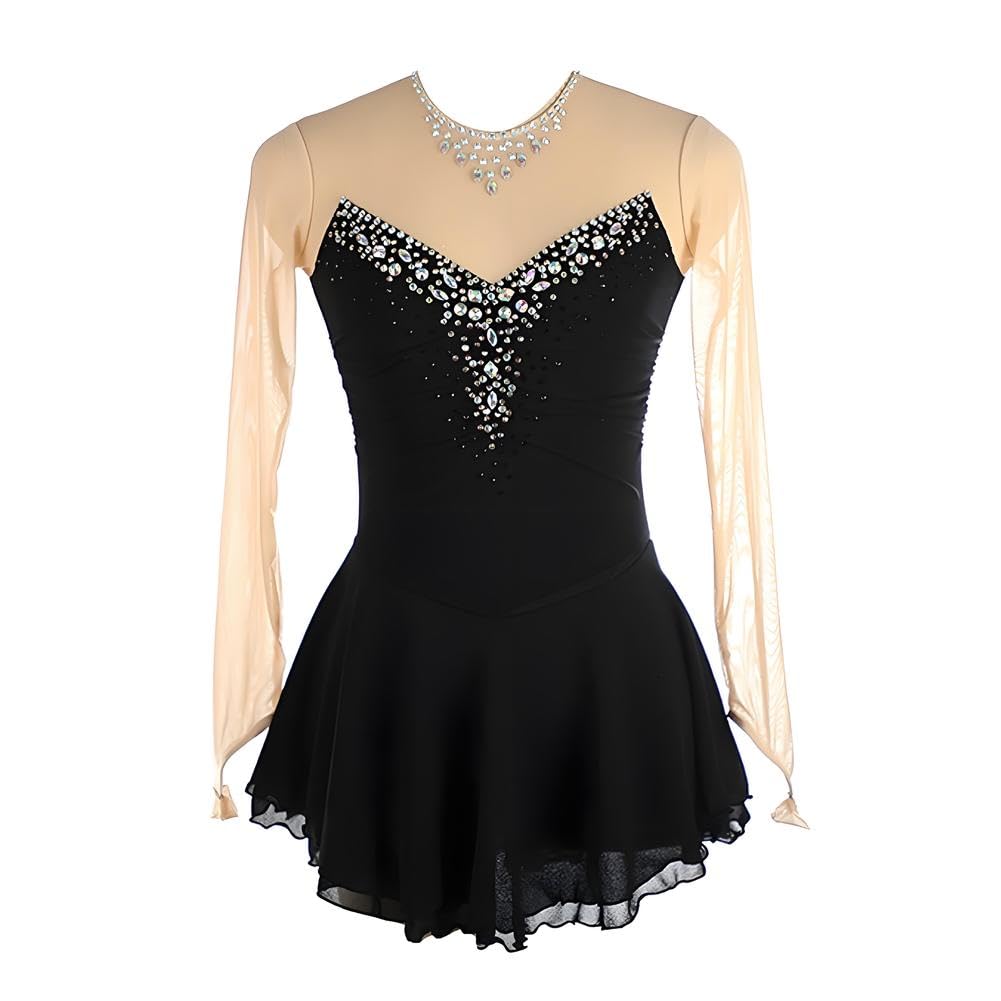 Eiskunstlaufkleider Damen Mädchen Eislaufkleid Blau Langarm Gymnastik Wettbewerb Performance Kostüm für Rollentanz Rock Ballett Kleid