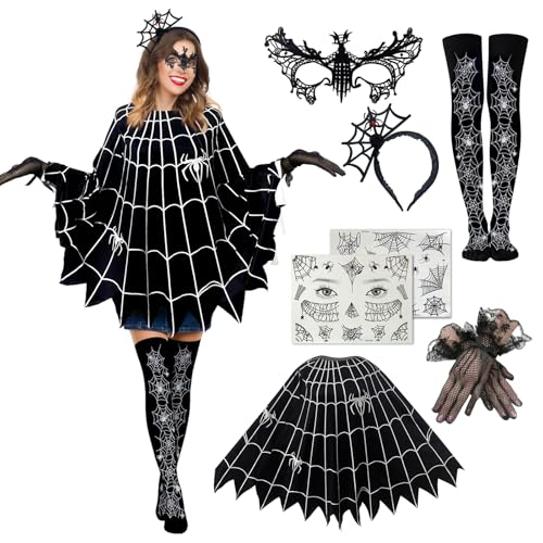 FINASKASU Halloween Spider Web Costume Set 8 Pieces Black Lace Cape Stockings Mask Gloves Headband Necklet Tattoo sticker (Spider Poncho)