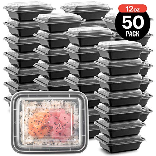 50-Pack Tiny Meal Prep Plastic Microwavable Food Containers Meal Prepping & Lids. "12 Oz." Black Rectangular Reusable Storage Lunch Boxes -Bpa-Free Food Grade- Freezer Dishwasher Safe -Premium Quality #TOP7