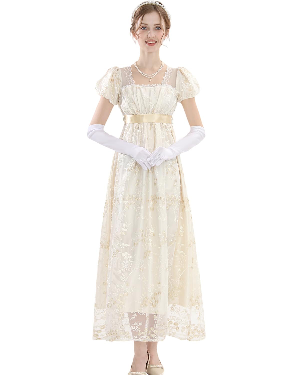 CR ROLECOS Golden Regency Dresses for Women Plus Size Victorian Ball Gown with Long White Gloves XL, Golden Dress+gloves