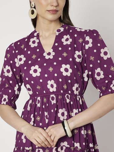 Image of Women's Floral Summer Maxi Dress I Cotton Printed I One Piece Bodycon Midi Dress with V-Neck, Puffed Sleeves