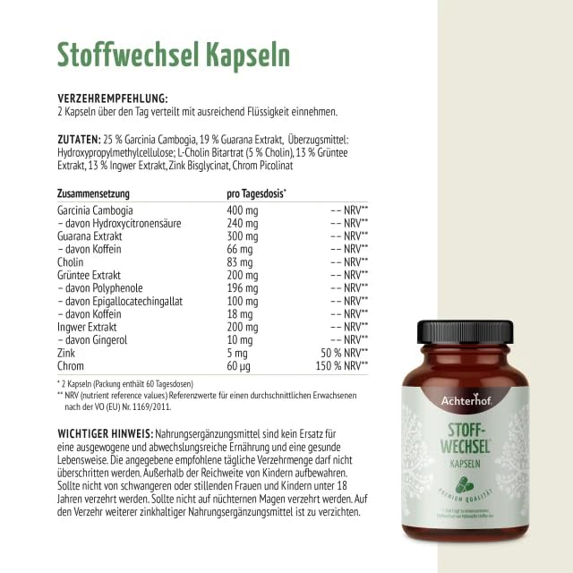 Stoffwechsel Kapseln (120 Kapseln) | Funktion aus Cholin, Zink und Chrom | plus Garcinia Cambogia, Guarana-, Grüntee- & Ingwer-Extrakt | für 60 Tage | vom Achterhof