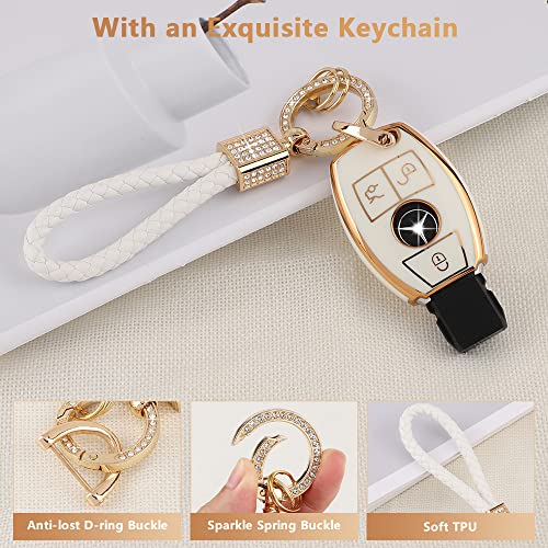 PIFOOG for Mercedes Key Fob Cover TPU Key Case Soft Car Keys Protector Fit Mercedes Benz AMG C E M S CLS CLA GLK GLA GLC GLE Smart Remote Key Keychain Girly Women White Gold - Image 6