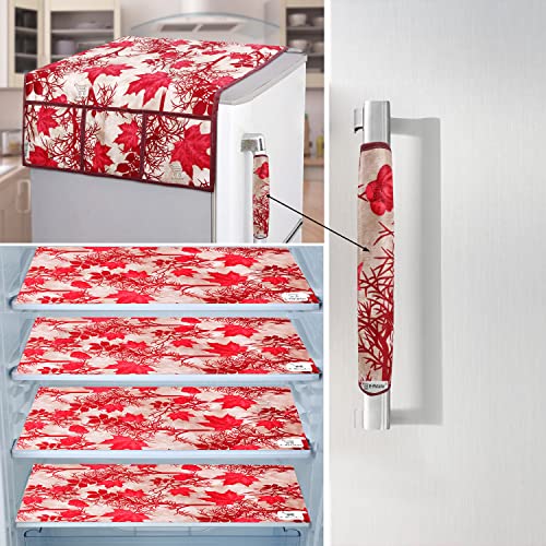 Image of Exclusive Combo Set of Appliances Cover (1 Pc. of Fridge Top Cover, 1 Pc. of Refrigerator Handle Cover and 4 Pc. Of Refrigerator Mat /Fridge Shelf Mat) (Color- Red, Design-Floral, Set Contains- 6 Pcs )