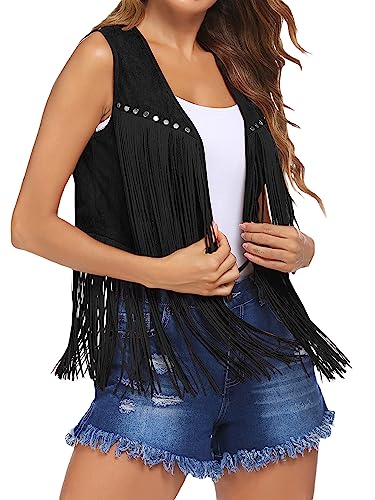 YILEEGOO Gilet pour femme, gilet sans manches ouvert sur le devant riveté à pampilles pour rue décontractée, camel, taille S, Noir , L