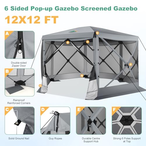 Image of COBIZI 12x12 FT Pop Up Canopy Extendable Tent, Gazebos On Clearance With Removable Roof, Screened In Gazebo,Screen Tents Portable carpas para patio for Outdoor Camping,Backyard, Garden, Grey(Upgraded)