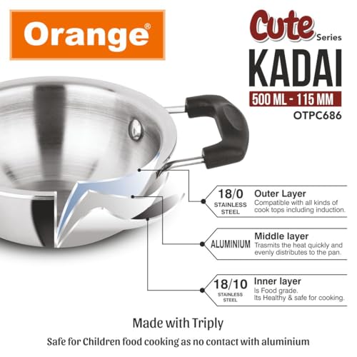 Image of Orange Triply Cute Series Mini KadaiTadka Pan 0.400 ml,(0.4L) | Heavy Bottom| Induction Friendly|2.5mm Thickness|Cool Touch Bakelite Stainless Steel Handle | 5Year Warranty