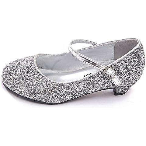 Girls Kids Childrens Mary Jane Glitter Low Kitten Heel Party Wedding Sandals Court Shoes (UK 13 Kids/EU 31, Silver Glitter) Cover