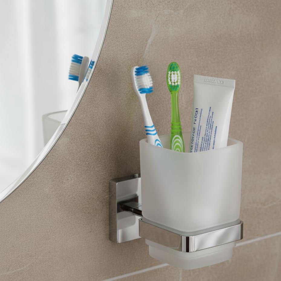 Image of EASYHOME FURNISH Premium SUS 304 Stainless Steel Toothbrush Holder with Frosted Glass Tumbler - Wall Mounted Bathroom Toothpaste & Shaving Kit Organizer, Rustproof Chrome Finish