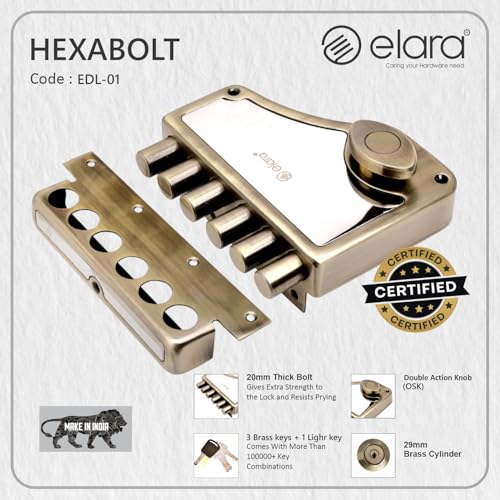 Image of Elara Deadbolt Hexabolt 1CK Door Lock, Rim Lock, Dead Bolt for Home, Door Locks for Main Door with 4 Reversible Brass Keys (Antique, EDL-01, Hexabolt, Ultra Key)