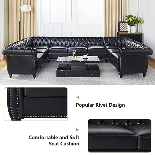 Image of QHITTY U-Shaped Sofa, Sectional Chesterfield Leather Faux Couch 9-Seater Upholstered Large Accent Tufted Sofa with Rolled Armrest and Nailhead Design for Living Room, Apartment, Office (Black)