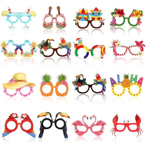 TINGTING 16 Stück Hawaiian Papierbrille, Papier Strand Party Brille Tropical Hawaiian Party Lustige Brillen Hawaiian Tropical Foto Requisiten für Kinder Erwachsene Dekoration Hawaii Kostüm Zubehör