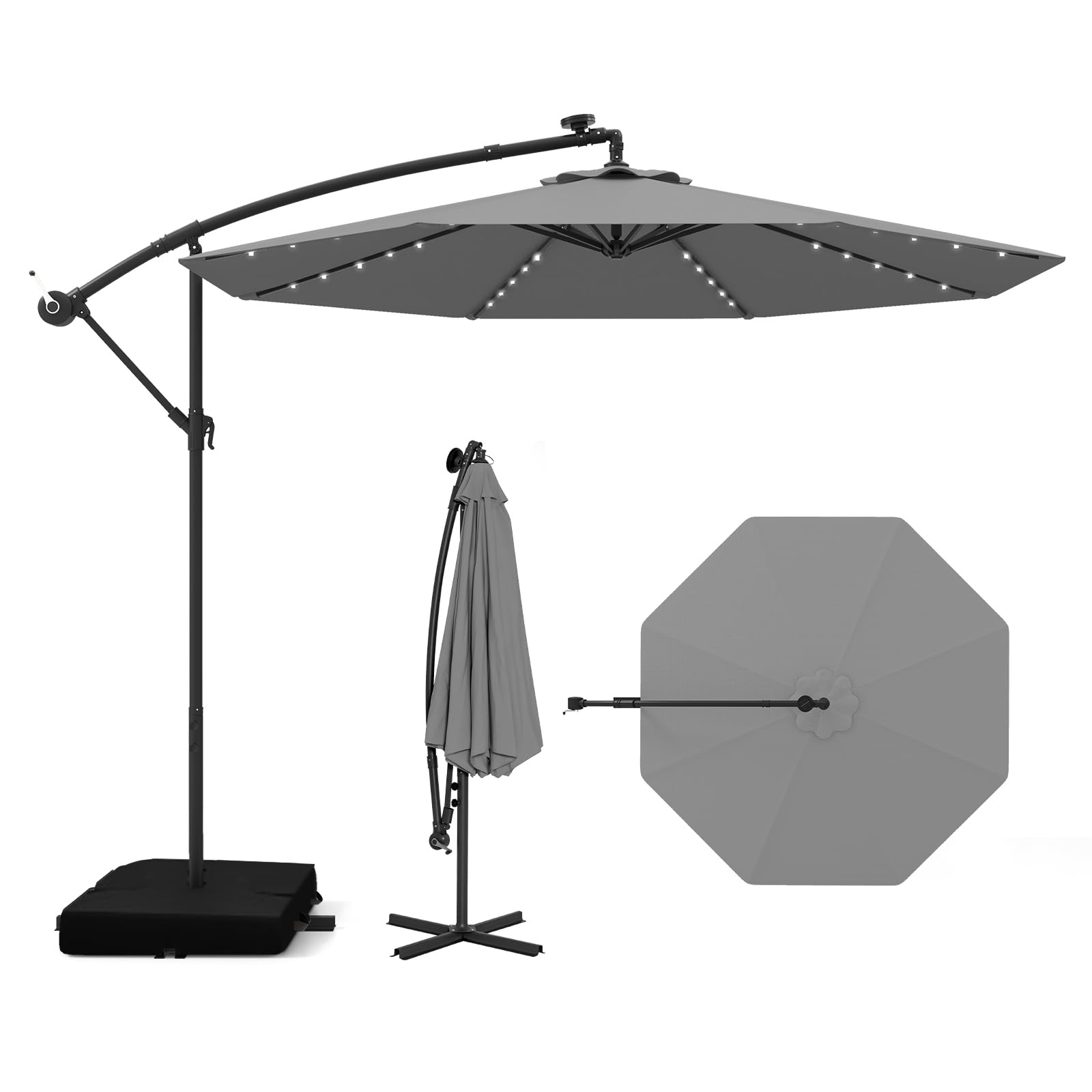 COSTWAY 300 cm Sonnenschirm mit Ständer und LED-Leuchten, Ampelschirm mit Kurbel, Gartenschirm, UV-Schutz, Marktschirm, Terrassenschirm für Garten, Pool, Terrasse (Grau)