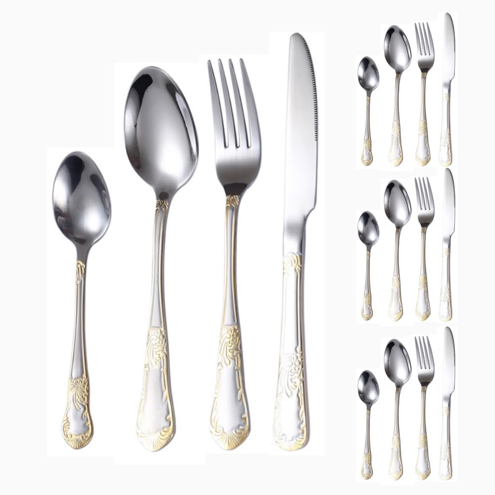 16 Pezzi Placcati In Titanio Fiori Incisi Cucina Acciaio Inossidabile Argenteria Posate Posate Coltelli Forchette Cucchiai Set Per 4 Persone, Hotel Casa Coltello Da Bistecca Cucchiaio Da Dessert (UN)