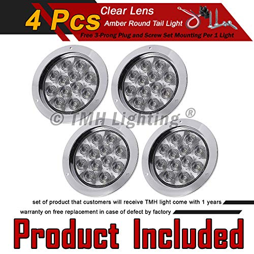 Tmh 4 Pcs 4 Inch Clear Lens Amber 12 Led Round Trailer Tail Lights With Chrome Bezel Flush Mount For Heavy Duty Truck Cabin Lorry Bus Rv Tow Flatbed Camper 12V Dc Gac12 #TOP6