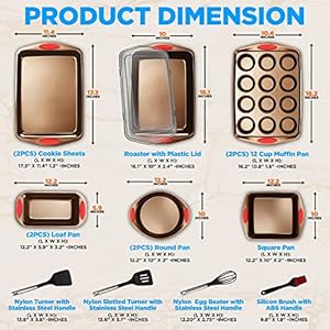 NutriChef 15 Piece Stackable Baking Pan Set Nonstick Easy to Clean Coating Carbon Steel Bakeware Professional Home Kitchen Bakeware with Cookie Sheet Trays Red Silicone Handles Gold