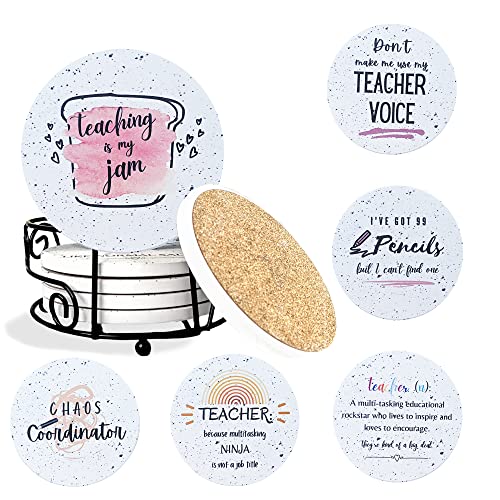 KCT Store Best Teacher Gifts for Women - Teacher Appreciation Gifts - Absorbent Ceramic Coasters 6pc - Metal Holder & Cylinder Kraft Gift Box Included (Funny)