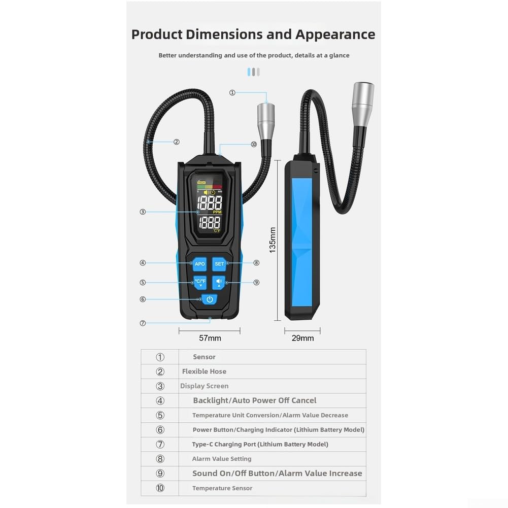 HD02 Lecksuchgerät, digitaler Gasmonitor für R22 R32 R134a mit 14,2 g/Jahr Empfindlichkeit, Dreifach-Alarmsystem, 270 mm flexible Sonde, Celsius/Fahrenheit-Schalter, schnelles Reaktionswerkzeug