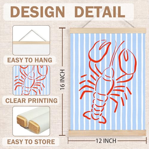 Image of PQKIY Trendy Red Lobster Coastal Wall Art Poster Hanger Frame 12x16 in, Summer Nautical Beach Seafood Blue Striped Wall Decor Canvas Prints for Home Kitchen Dining Room