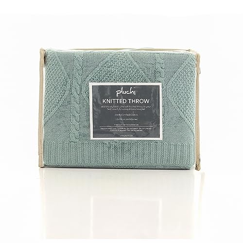 Image of Pluchi Cable Moss Cotton Knitted All Season AC Throw Blanket 125cm x 150cm (49 inch x 59 inch) Dull Blue