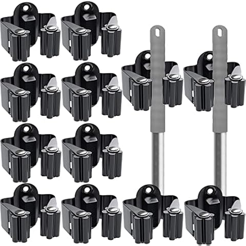 Mop Broom Holder, 10 Pcs Broom Holder Wall Mounted Heavy Duty Mop Holder Broom Gripper Brush Holder Sweeping Clip Hanger Hooks Storage Rack Organizer for Bathroom Kitchen Closet Garden Garage, Black Cover