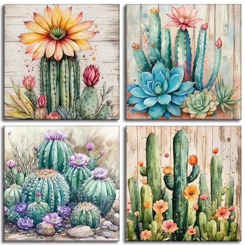 4pcs Cactus Canvas Wall Art Green Succulent Painting Picture Wall