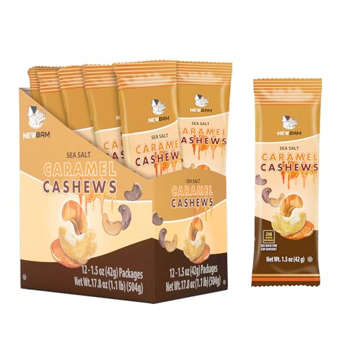 Image of NEWBAM Sea Salt Caramel Cashews - 12 Individual Packs - Sweet & Salty | Real caramel & sea salt. Vegan. 12g net carbs, 4g protein. Dessert-worthy, gift-ready, always fresh.