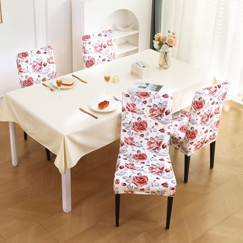 Image of HOKIPO Premium Printed Velvet Chair Cover Set of 4 for Dining Table, Red Cottage Rose (AR-5794-D6*4)