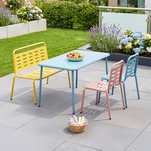 casa.pro Kindersitzgruppe Etroubles Kindertisch mit 2 Stühlen und 1 Sitzbank Kindertisch Kinderstuhl Sitzgruppe Outdoor Indoor Gartenmöbel Kinder Kindermöbel Kindersitzgarnitur Stahl Mehrfarbig