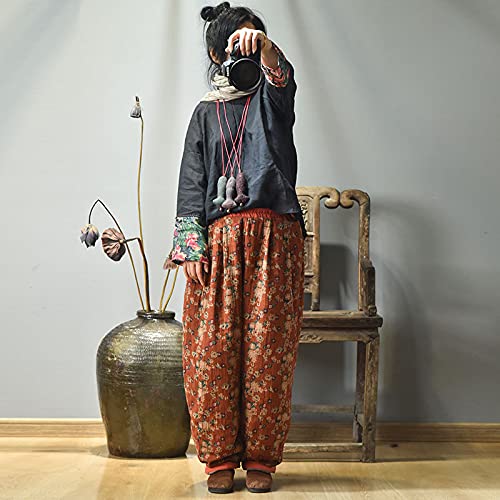 NFYM Women Winter Pants Comfy Warm Thick Vintage Floral Printed Loose Wide Leg Pants Elastic Waist Hippie Trouser3