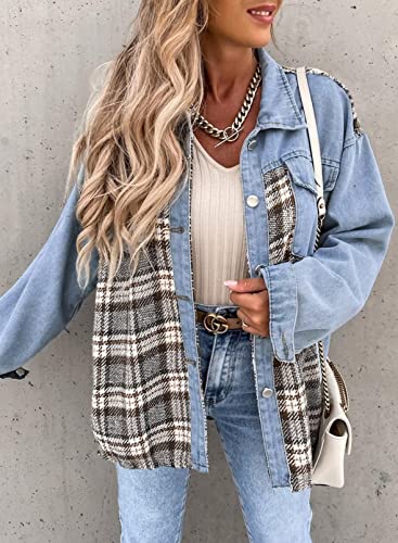 Btfbm 2023 Women's Button Down Denim Jackets Long Sleeve Lapel Casual Fall Shirts Shackets Plaid Jacket With Pockets(Denim Light Blue, Large) #TOP1