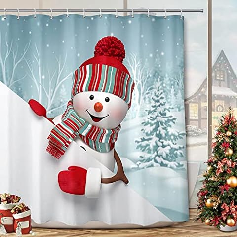 BROSHAN Blue Christmas Shower Curtain Small, Winter Holiday Shower Curtain with Red Snowman in Fantasy Snowy Forest Scene, Christmas Kids Shower Curtain with Hooks Cover