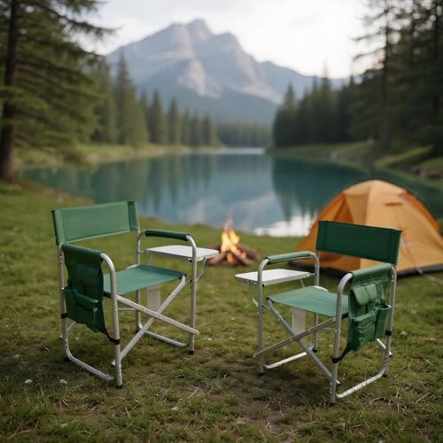 2 Pack Camping Chairs,Aluminium Camping Directors Chair with Side Table, Foldable Beach Chair,for Adults, Beach, Picnics (Green)