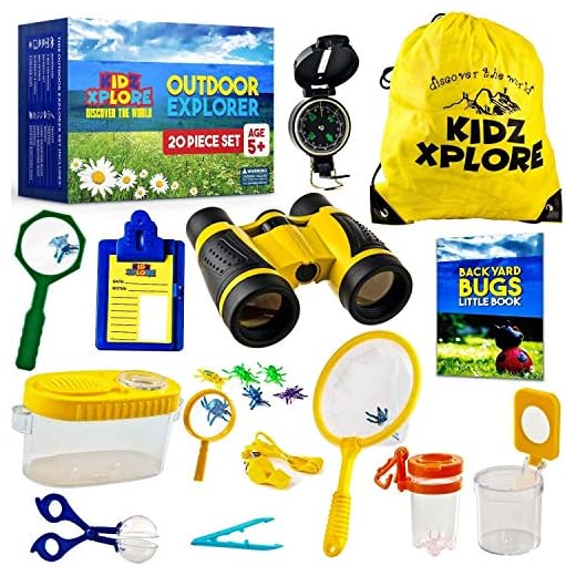 Kidz Xplore Outdoor Explorer Set - Bug Catching Kit Nature Exploration Children Outdoor Games Mini Binoculars Kids, Compass, Whistle, Magnifying Glass, Adventure, Hunting, Hiking Educational Toy