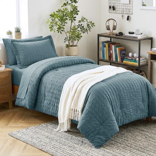 Image of CozyLux Twin Comforter Set with Sheets 5 Pieces, Mineral Blue Seersucker Luxury Textured Bed in a Bag, All-Season Soft Bedroom Bedding Sets with Down Alternative Comforter, Sheets, Pillowcase & Sham