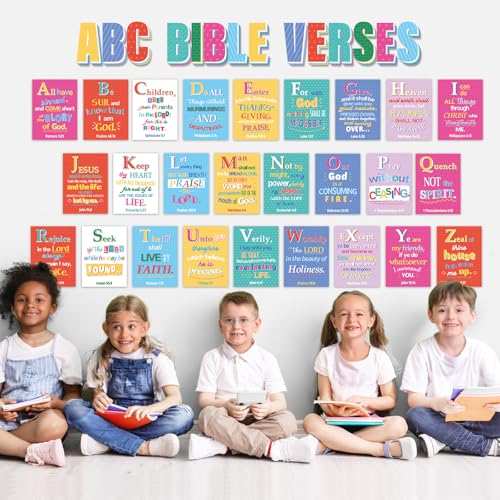 Image of 29Pcs ABC Bible Verse Poster Christian Scripture Bulletin Board Sunday School Classroom Decorations Religious Inspirational Quotes Poster for Back to School Church VBS Classroom Home Wall Decor